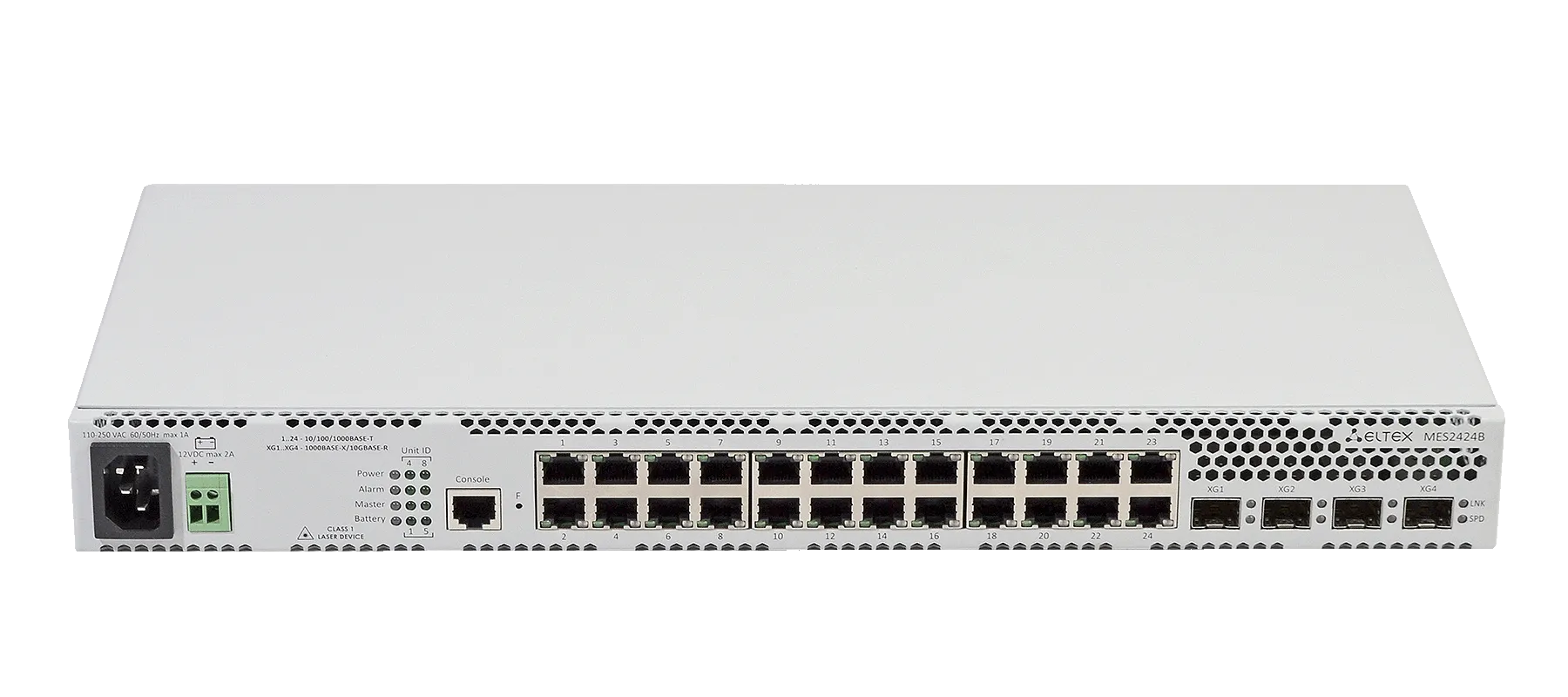 Ethernet-коммутатор MES2424B, 24x1G RJ45 + 4x1G/10G SFP+, L3, 220V AC/12V DC