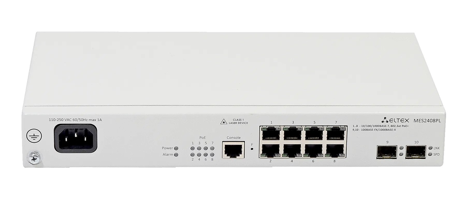 Ethernet-коммутатор MES2408PL, 8xPoE/PoE+ (1G) + 2xCombo (RJ45/SFP), L2, 220V AC