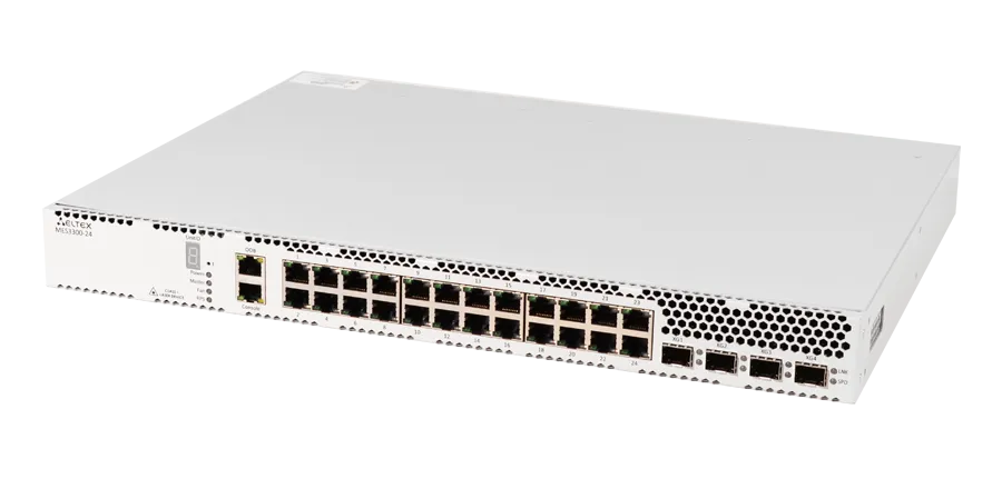 Ethernet-коммутатор MES3300-24, 24 порта 10/100/1000BASE-T, 4 порта 10GBASE-R (SFP+)/1000BASE-X (SFP), L3, 2 слота для модулей питания