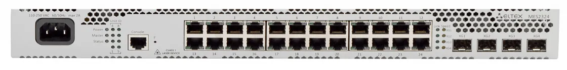 Ethernet-коммутатор MES2324B, 24x1G RJ45 + 4x10G SFP+, L3, 220V AC/12V DC