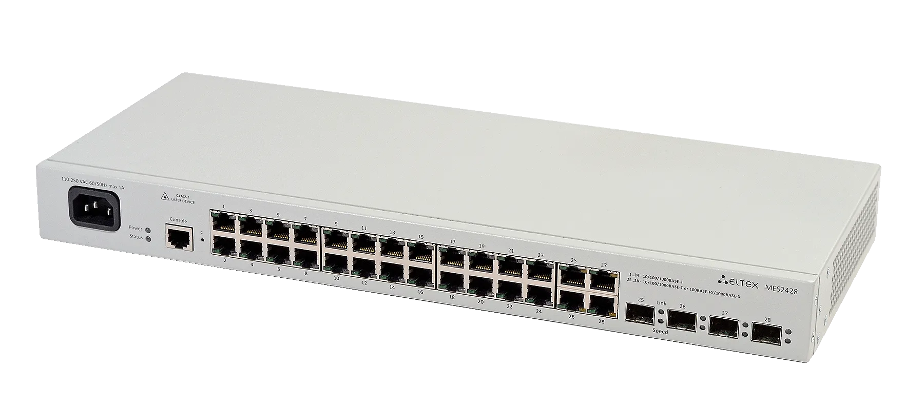 Ethernet-коммутатор MES2424P, 24xPoE/PoE+ (1G) + 4x1G/10G SFP+, L3, 220V AC