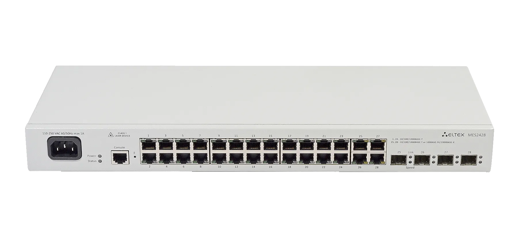 Ethernet-коммутатор MES2428P, 24xPoE/PoE+ (1G) + 4xCombo (RJ45/SFP), L2, 220V AC