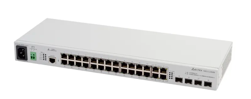 Ethernet-коммутатор MES1124MB, 24x10/100Base-T + 4x1G (SFP), L2, 220V AC/12V DC